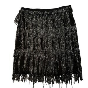 Womens Black Silver Metallic Fringe Mini Skirt Tiered Flapper Party Glam Large